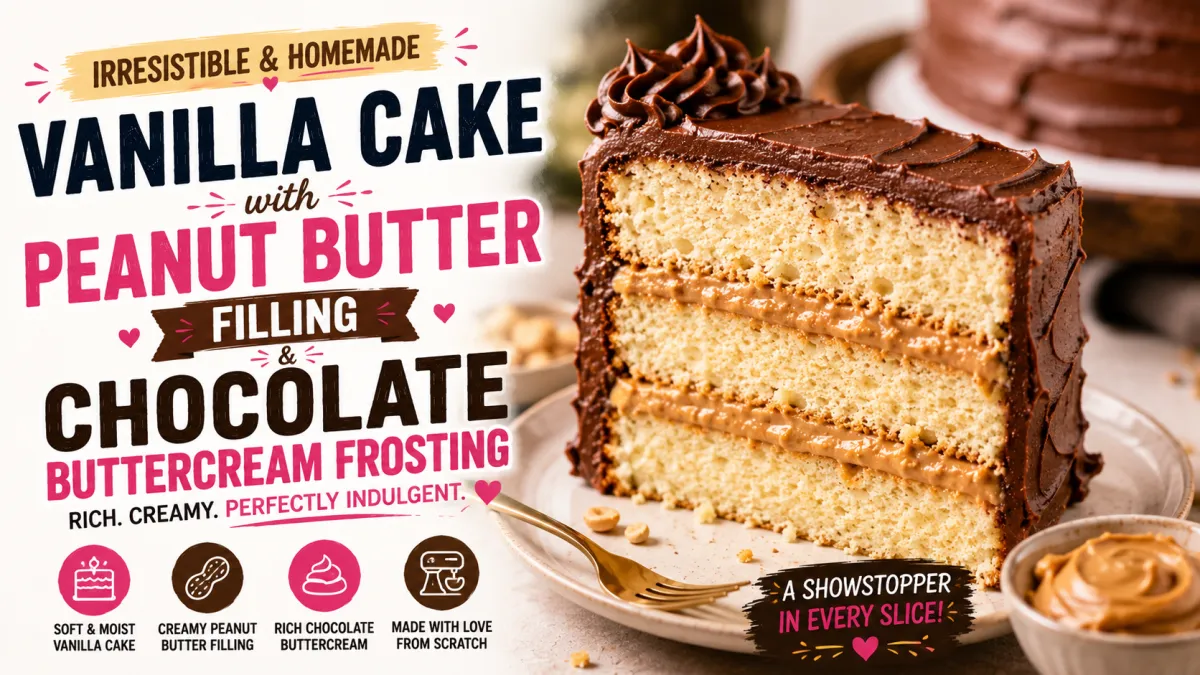 Vanilla Cake with Peanut Butter Filling and Chocolate Buttercream Frosting