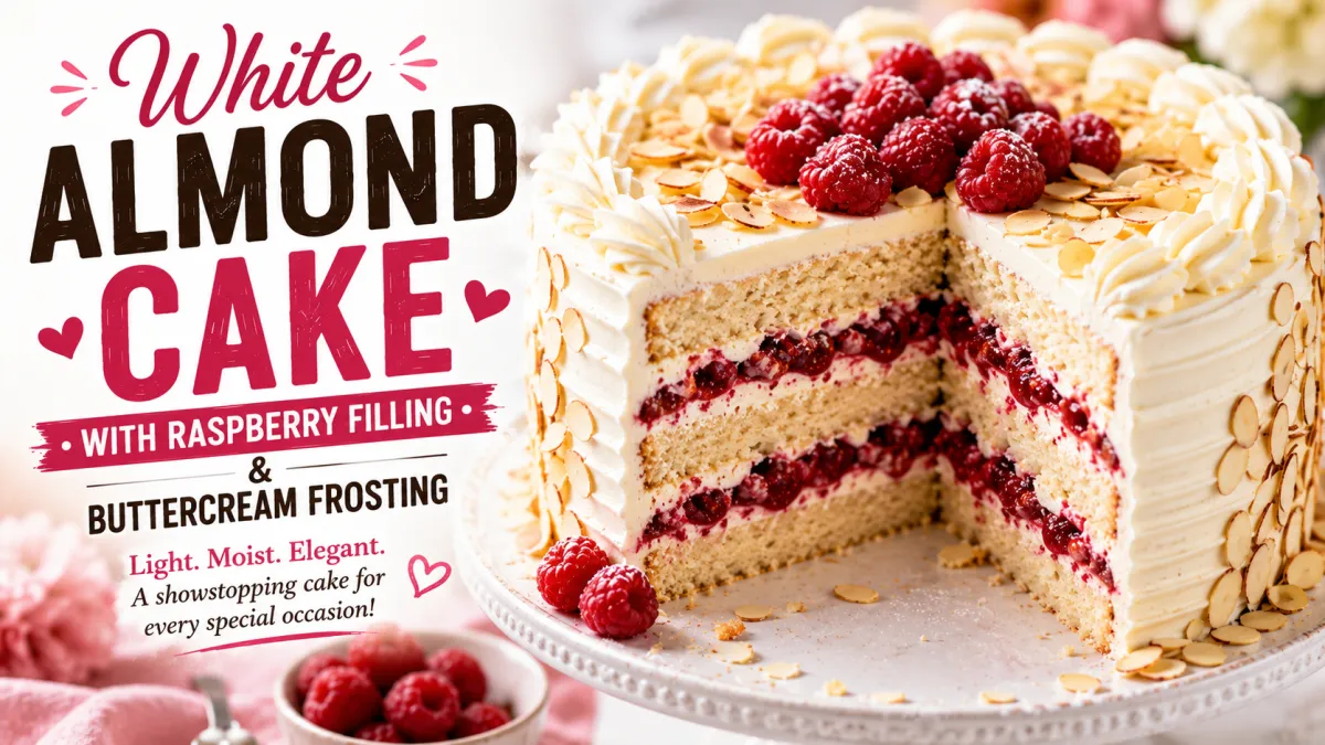 White Almond Cake with Raspberry Filling and Buttercream Frosting